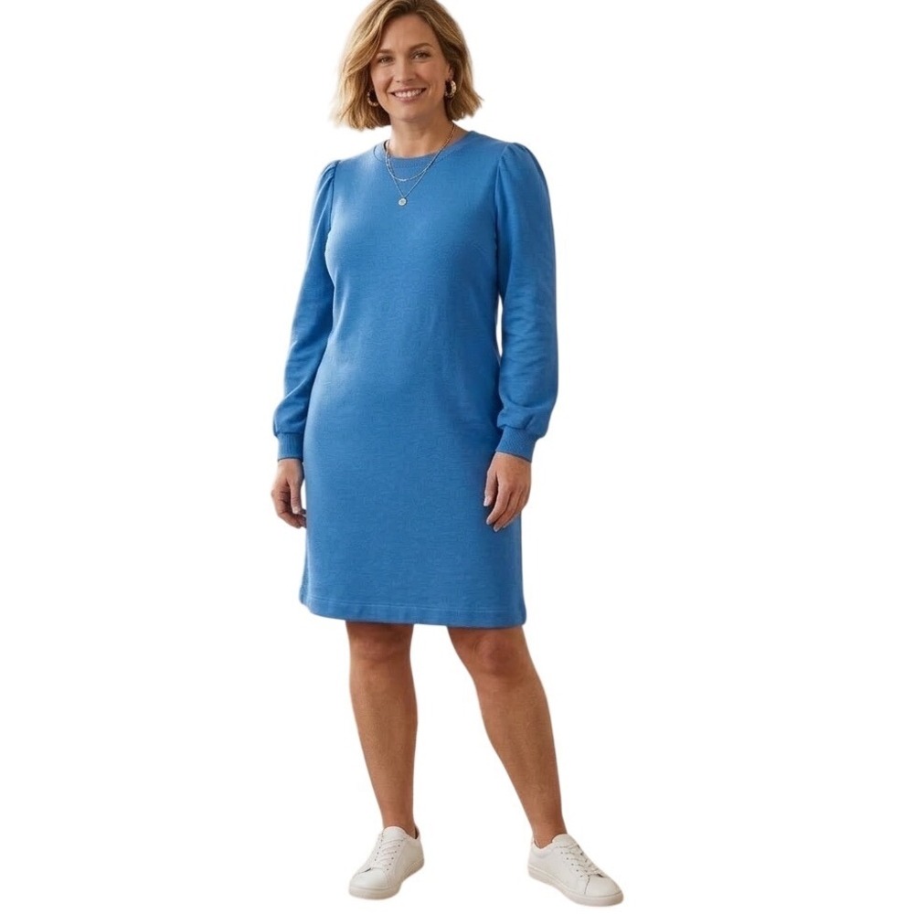 Boden Sweatshirt Dress Women US 16R Blue Excellent Puff Sleeve Crewโ Neck Jersey